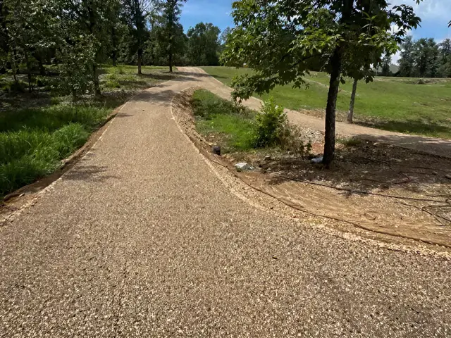 Curving gravel drive through a wooded yard